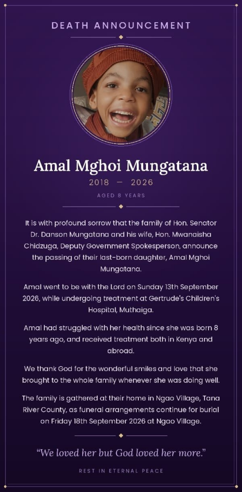 You are currently viewing PRESIDENT RUTO LEADS TRIBUTES FOLLOWING THE DEATH OF SENATOR MUNGATANA’S DAUGHTER, AMAL